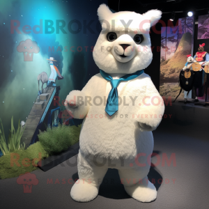 White Alpaca mascot costume character dressed with a Bermuda Shorts and Bow ties