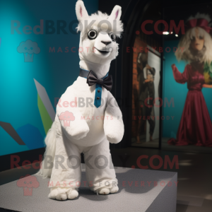 White Alpaca mascot costume character dressed with a Bermuda Shorts and Bow ties