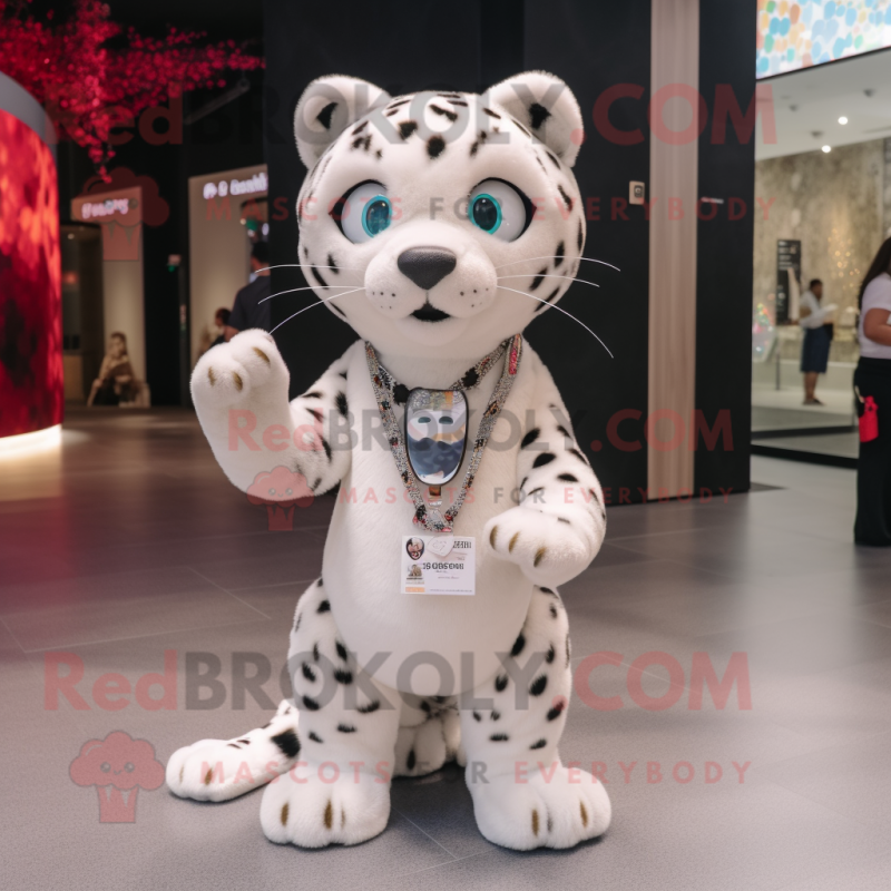 White Leopard mascot costume character dressed with a T-Shirt and Brooches White Leopard mascot costume character dressed with a T-Shirt and Brooches