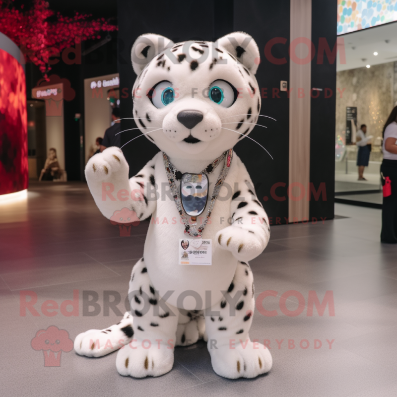 White Leopard mascot costume character dressed with a T-Shirt and Brooches