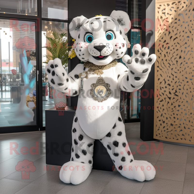 White Leopard mascot costume character dressed with a T-Shirt and Brooches