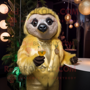 Gold Sloth mascot costume character dressed with a Cocktail Dress and Lapel pins