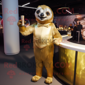 Gold Sloth mascot costume character dressed with a Cocktail Dress and Lapel pins