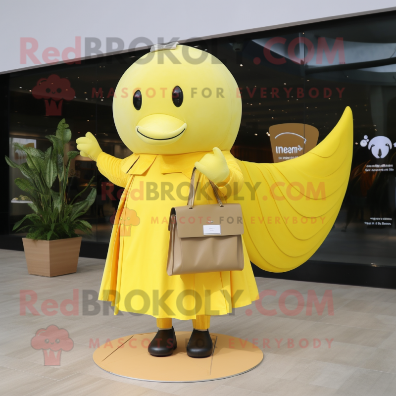 Lemon Yellow Whale mascot costume character dressed with a Maxi Skirt and Wallets Lemon Yellow Whale mascot costume character dressed with a Maxi Skirt and Wallets