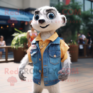 White Meerkat mascot costume character dressed with a Denim Shorts and Hair clips