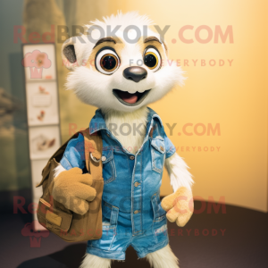 White Meerkat mascot costume character dressed with a Denim Shorts and Hair clips