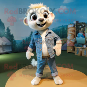 White Meerkat mascot costume character dressed with a Denim Shorts and Hair clips