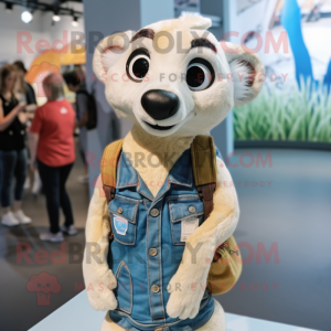 White Meerkat mascot costume character dressed with a Denim Shorts and Hair clips