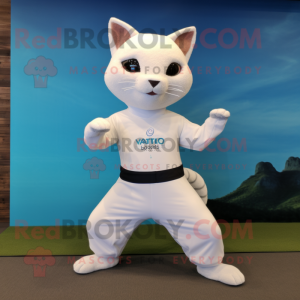 White Jaguarundi mascot costume character dressed with a Yoga Pants and Cummerbunds