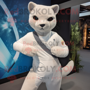 White Jaguarundi mascot costume character dressed with a Yoga Pants and Cummerbunds