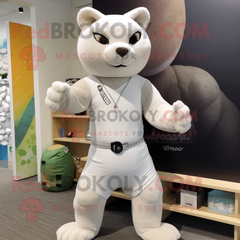 White Jaguarundi mascot costume character dressed with a Yoga Pants and Cummerbunds White Jaguarundi mascot costume character dressed with a Yoga Pants and Cummerbunds