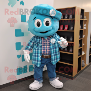 Cyan Raspberry mascot costume character dressed with a Flannel Shirt and Necklaces