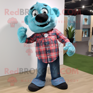 Cyan Raspberry mascot costume character dressed with a Flannel Shirt and Necklaces