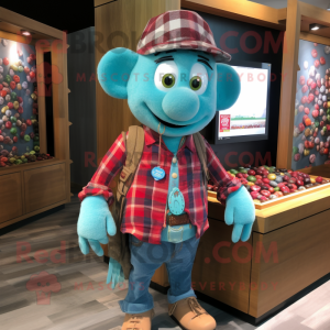 Cyan Raspberry mascot costume character dressed with a Flannel Shirt and Necklaces