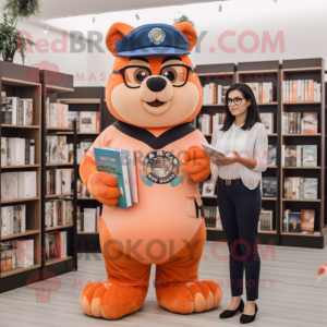 Peach Police Officer mascot costume character dressed with a Mom Jeans and Reading glasses