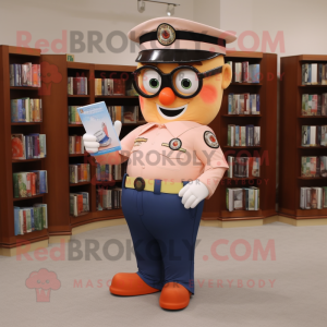 Peach Police Officer mascot costume character dressed with a Mom Jeans and Reading glasses
