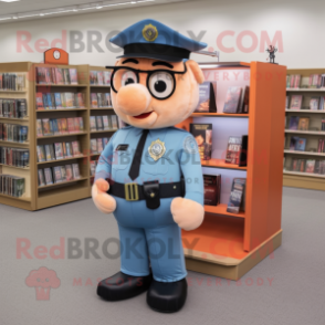 Peach Police Officer mascot costume character dressed with a Mom Jeans and Reading glasses