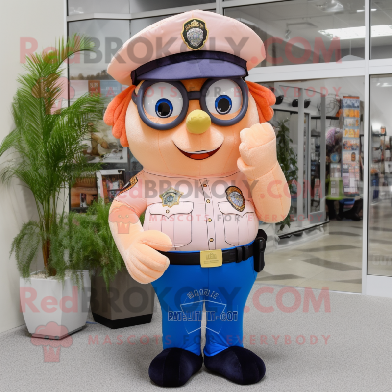 Peach Police Officer mascot costume character dressed with a Mom Jeans and Reading glasses