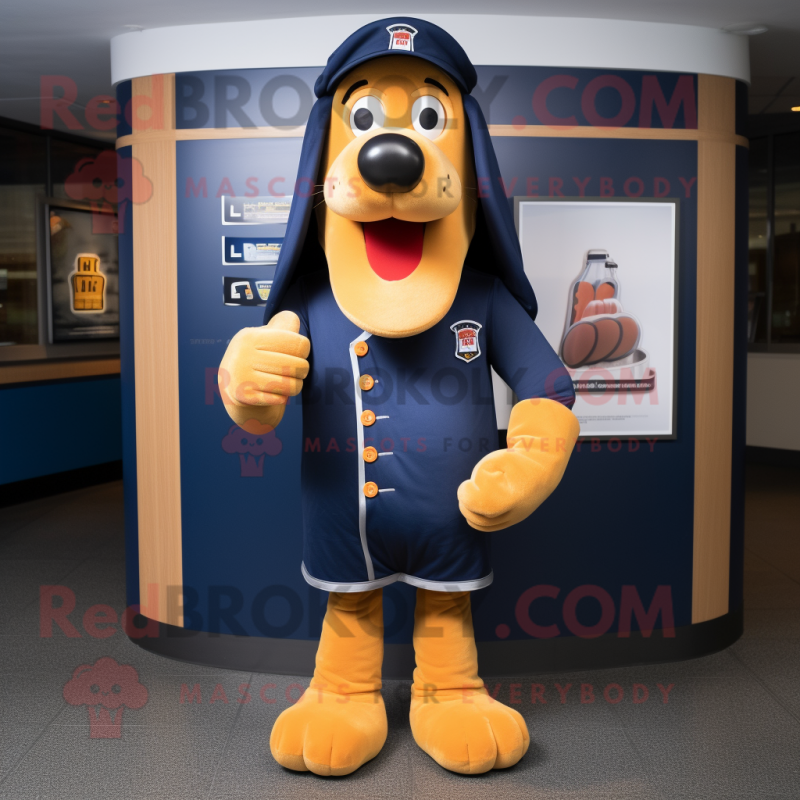 Navy Hot Dog mascot costume character dressed with a Bodysuit and Backpacks Navy Hot Dog mascot costume character dressed with a Bodysuit and Backpacks