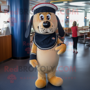 Navy Hot Dog mascot costume character dressed with a Bodysuit and Backpacks