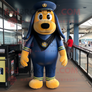 Navy Hot Dog mascot costume character dressed with a Bodysuit and Backpacks