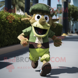 Olive Pirate mascot costume character dressed with a Running Shorts and Tie pins