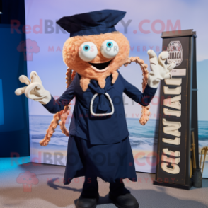 Navy Fried Calamari mascot costume character dressed with a Culottes and Suspenders