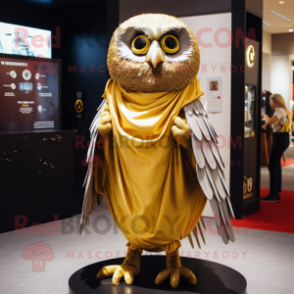 Gold Owl mascot costume character dressed with a Jeggings and Shawl pins