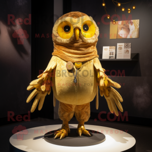 Gold Owl mascot costume character dressed with a Jeggings and Shawl pins