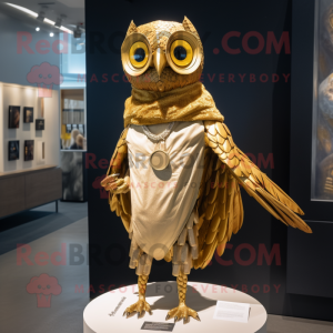 Gold Owl mascot costume character dressed with a Jeggings and Shawl pins