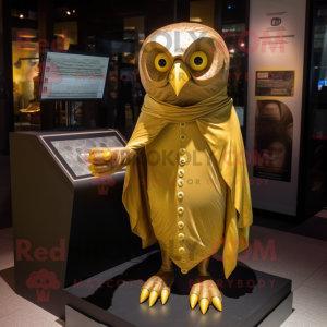 Gold Owl mascot costume character dressed with a Jeggings and Shawl pins