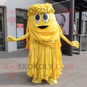 Yellow Lasagna mascot costume character dressed with a Maxi Skirt and Scarf clips