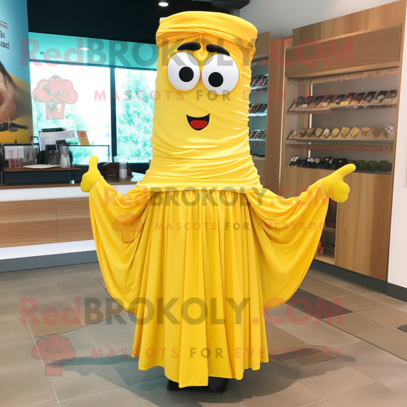 Yellow Lasagna mascot costume character dressed with a Maxi Skirt and Scarf clips