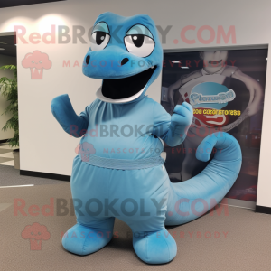 Sky Blue Titanoboa mascot costume character dressed with a Dress Pants and Wraps