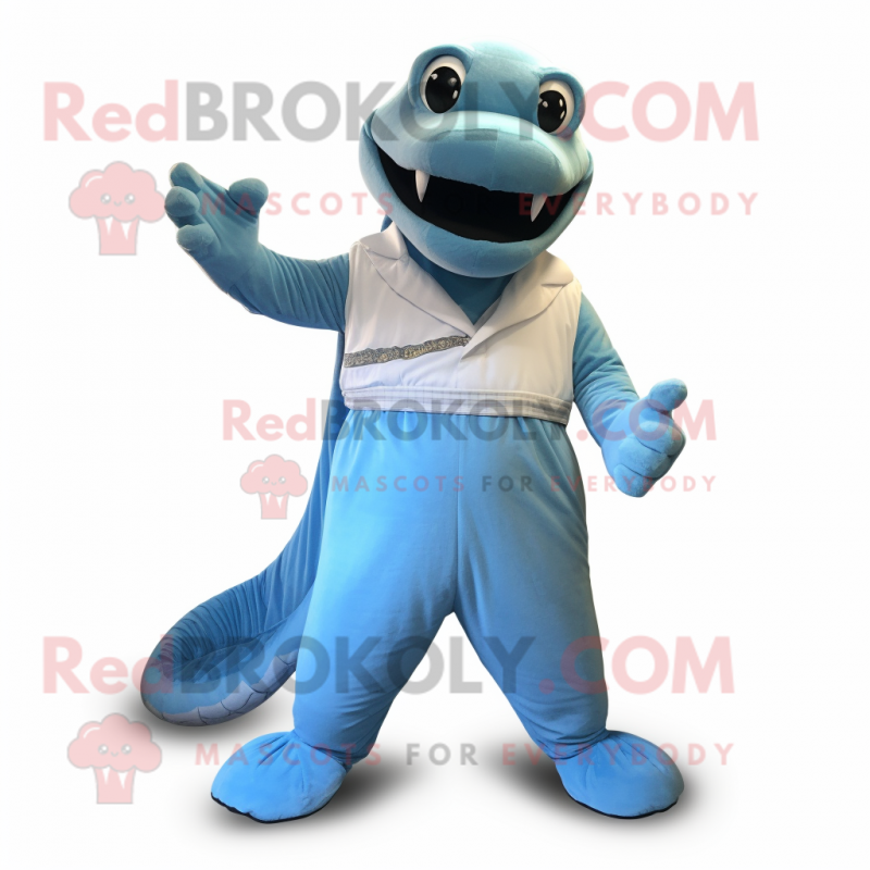 Sky Blue Titanoboa mascot costume character dressed with a Dress Pants and Wraps