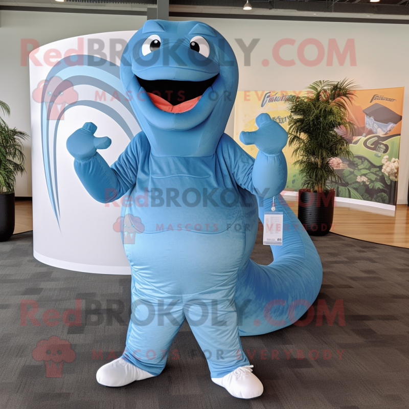 Sky Blue Titanoboa mascot costume character dressed with a Dress Pants and Wraps