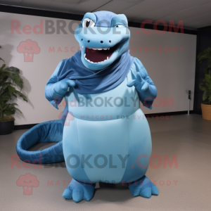 Sky Blue Titanoboa mascot costume character dressed with a Dress Pants and Wraps