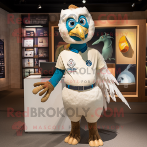Cream Peacock mascot costume character dressed with a Polo Shirt and Belts