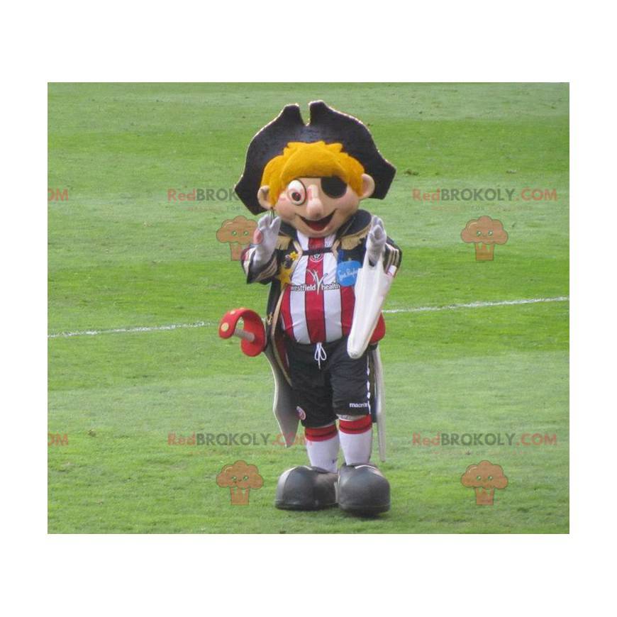 Blond pirate mascot with a sports outfit and a hat -