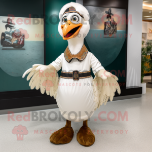 Cream Peacock mascot costume character dressed with a Polo Shirt and Belts