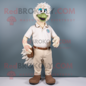 Cream Peacock mascot costume character dressed with a Polo Shirt and Belts