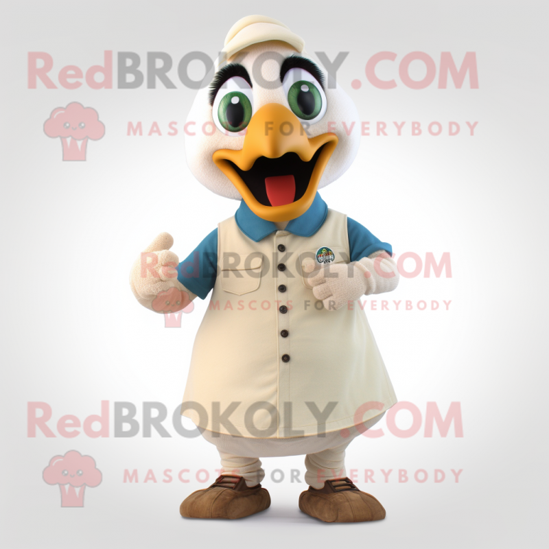 Cream Peacock mascot costume character dressed with a Polo Shirt and Belts Cream Peacock mascot costume character dressed with a Polo Shirt and Belts