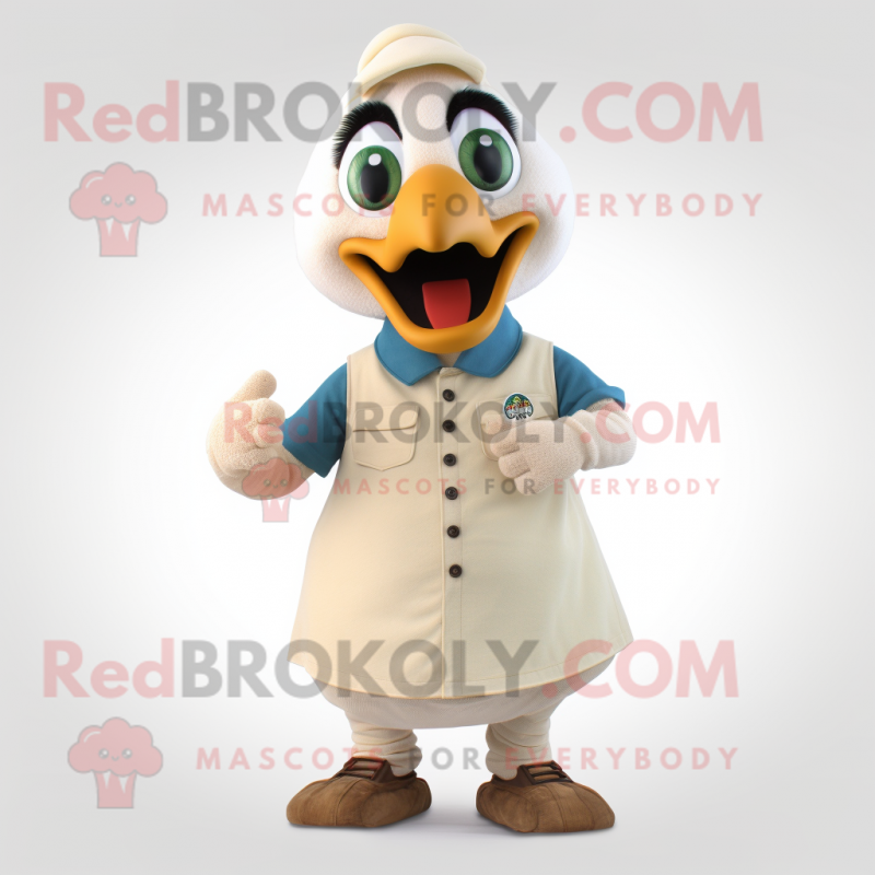 Cream Peacock mascot costume character dressed with a Polo Shirt and Belts