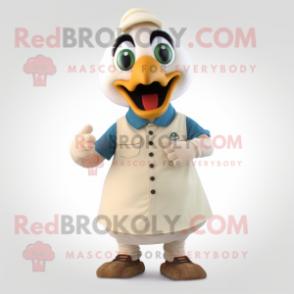 Cream Peacock mascot costume character dressed with a Polo Shirt and Belts