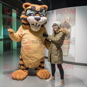 Olive Saber-Toothed Tiger mascot costume character dressed with a Turtleneck and Eyeglasses