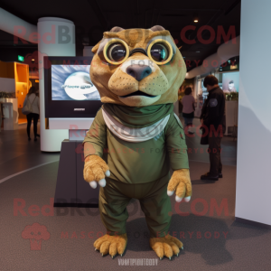 Olive Saber-Toothed Tiger mascot costume character dressed with a Turtleneck and Eyeglasses