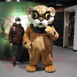 Olive Saber-Toothed Tiger mascot costume character dressed with a Turtleneck and Eyeglasses