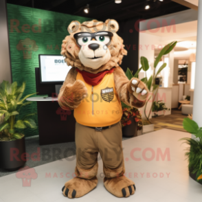 Olive Saber-Toothed Tiger mascot costume character dressed with a Turtleneck and Eyeglasses