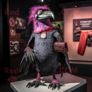 Magenta Crow mascot costume character dressed with a Jeans and Brooches