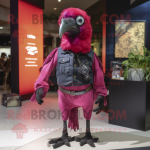 Magenta Crow mascot costume character dressed with a Jeans and Brooches